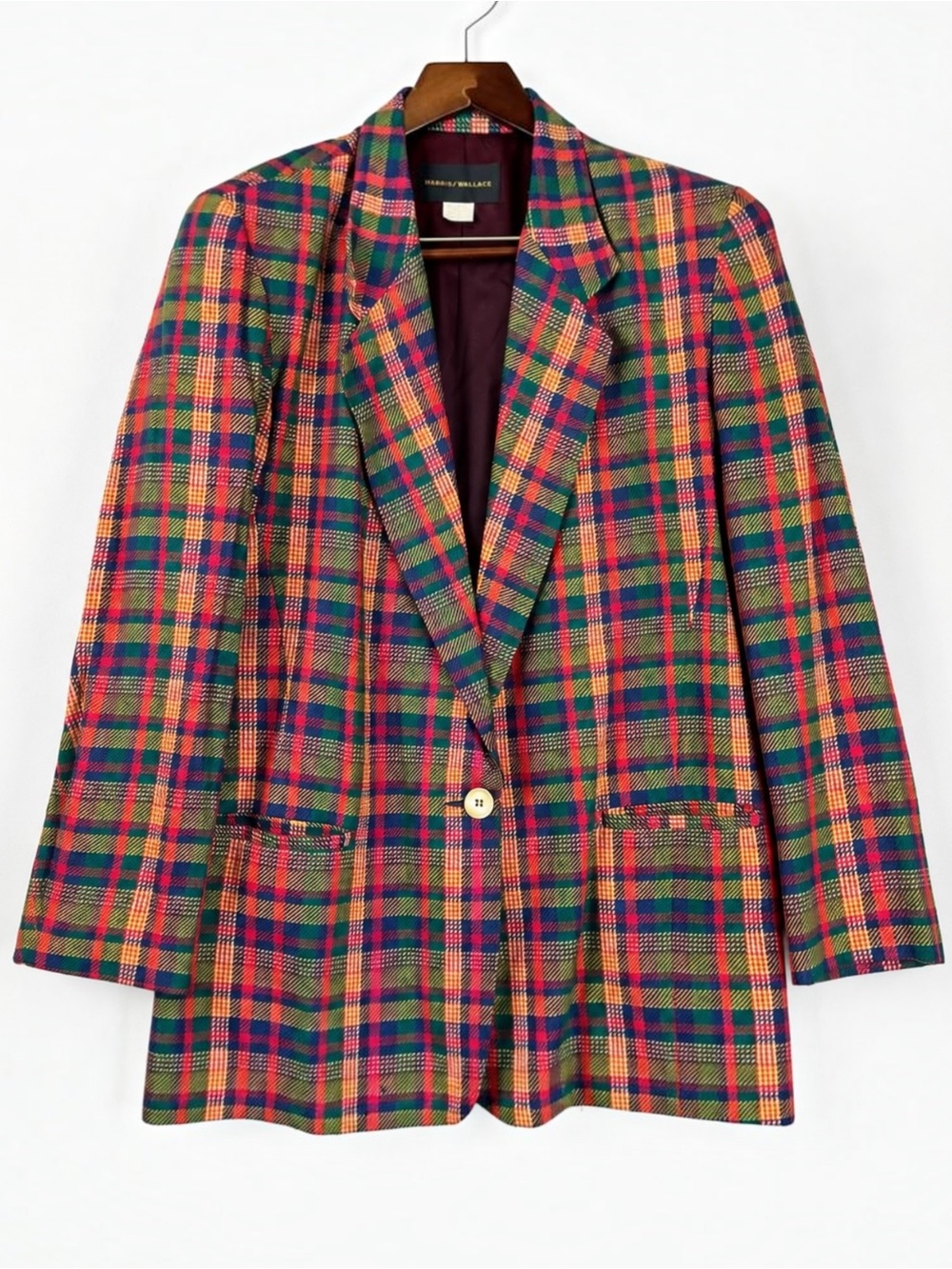 Vintage 90s Harris Wallace Tartan Plaid Longline Blazer L Made USA